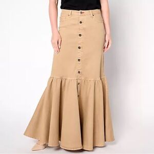 PeaceLoveWorld Boheme Denim Maxi Skirt 8 Flouncy Stretch Buttons Cowgirl Prairie